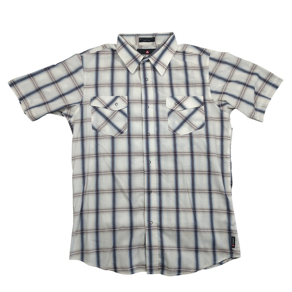 Airwalk Button Down Mens Large White Plaid Snap Pocket Short Sleeve Cotton Blend